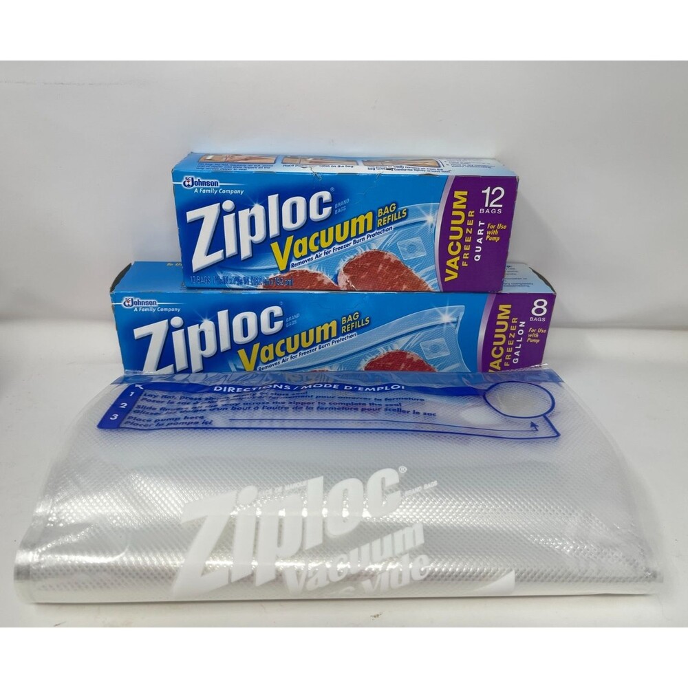Ziploc Vacuum 12-Quart + 20 Gallon Freezer Bag Refil Food Storage Use w/Pump NOS